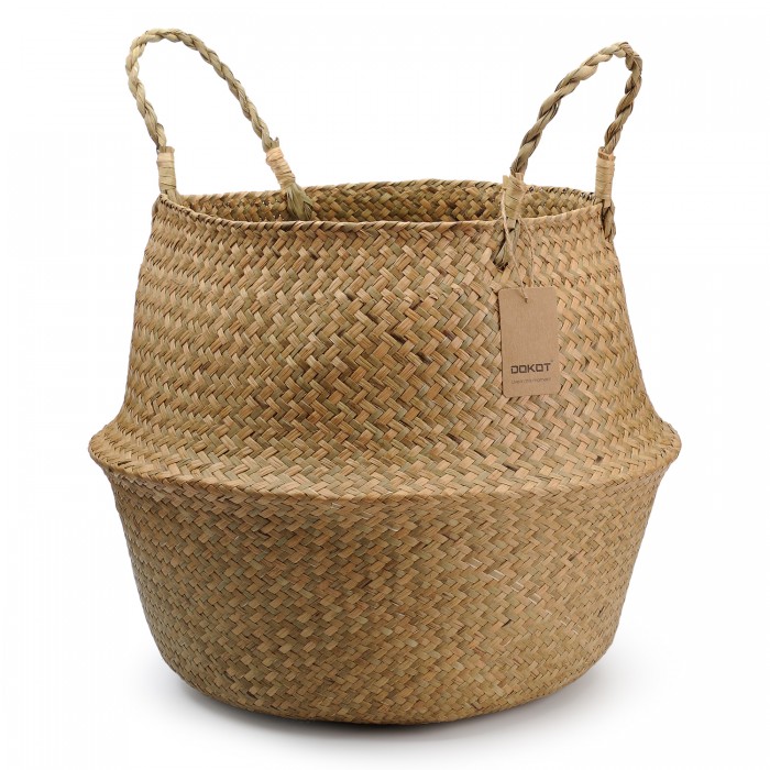 Natural Seagrass Belly Basket with Handles, Large Storage Laundry Basket